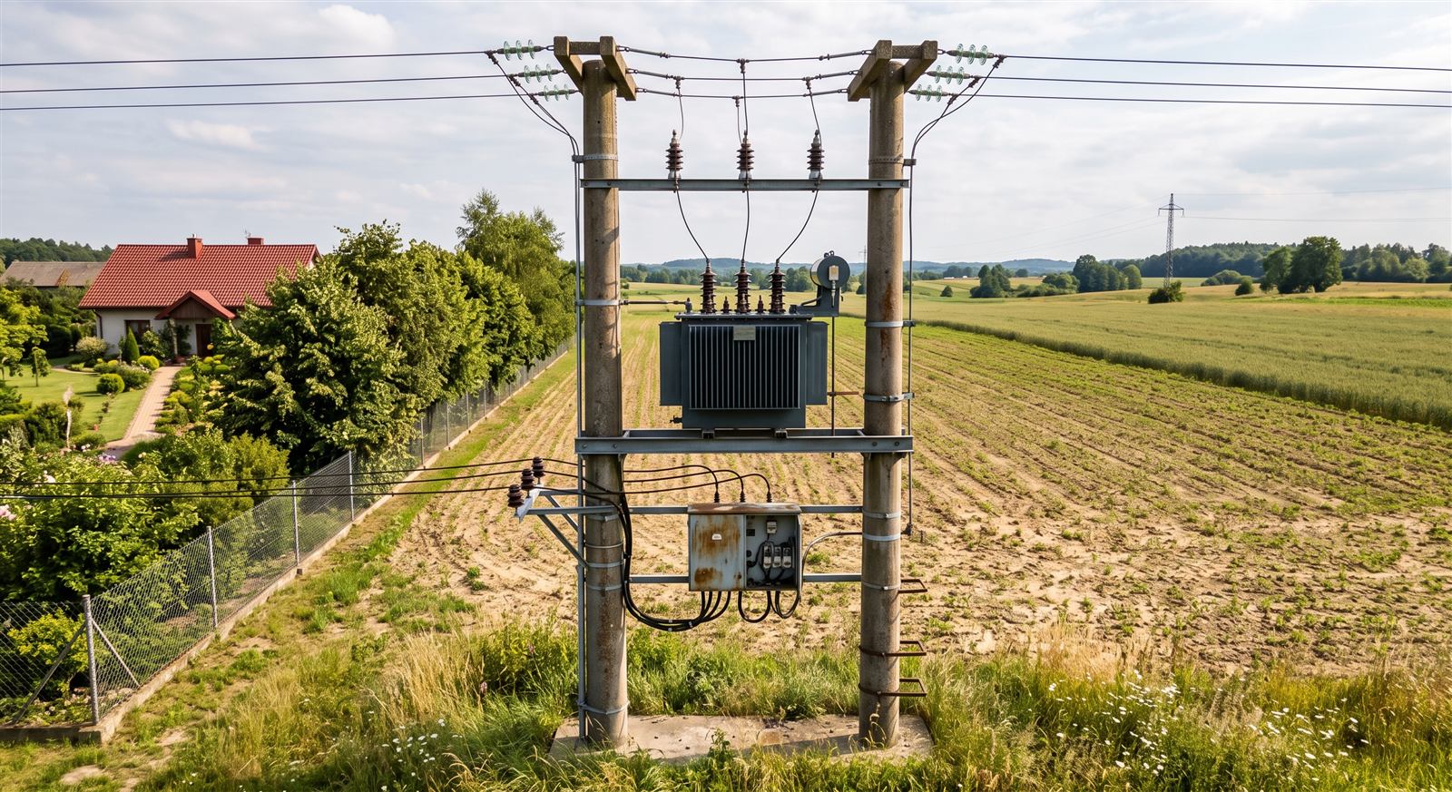 Stacja transformatorowa i słupy energetyczne tuż obok domu jednorodzinnego